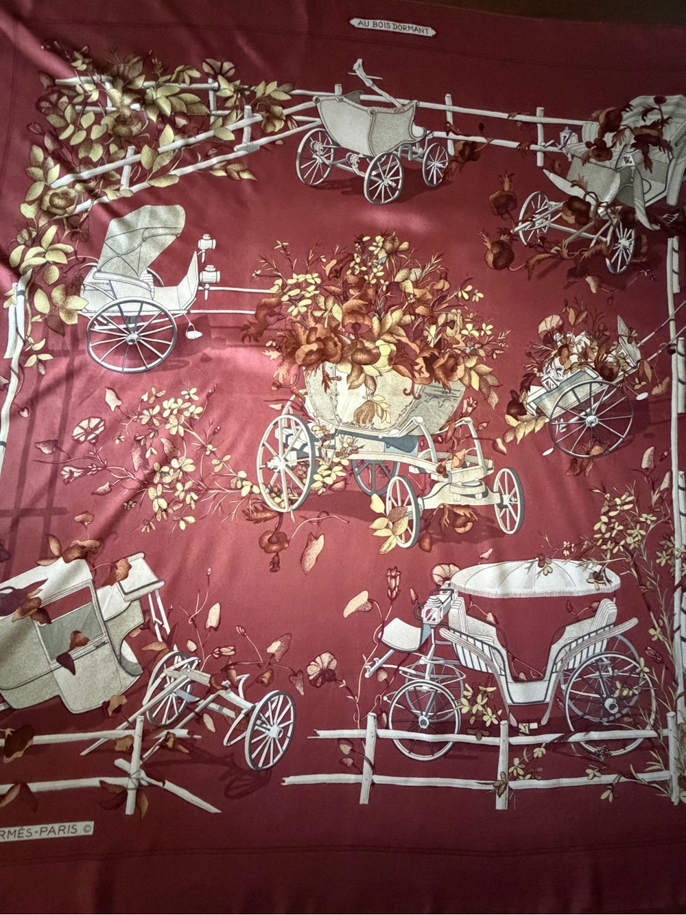 Hermes Vintage Carriage Print Scarf in Deep Red and Cream.